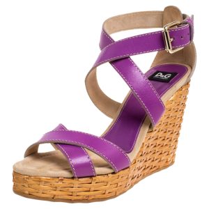 Dolce & Gabbana Purple Leather Ankle Strap Raffia Wedge Sandals Size 37, Sandals - Luxury Closet
