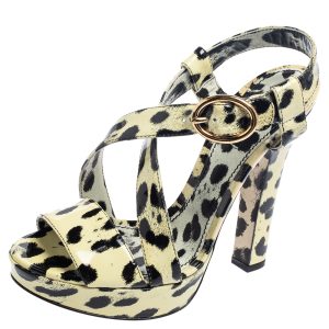 Dolce & Gabbana Yellow/Black Animal Print Patent Leather Cross Strap Platform Sandals Size 38.5, Sandals - Luxury Closet