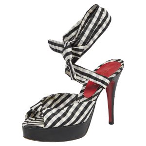 Dolce & Gabbana Black/White Canvas Platform Ankle Wrap Sandals Size 37, Sandals - Luxury Closet