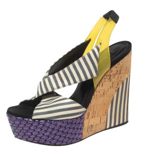 Dolce & Gabbana Multicolor Striped Fabric and PVC Cross Strap Slingback Wedge Sandals Size 37, Sandals - Luxury Closet