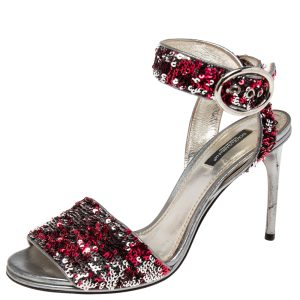 Dolce & Gabbana Pink/Silver Leather And Sequins Ankle Strap Sandals Size 38.5, Sandals - Luxury Closet