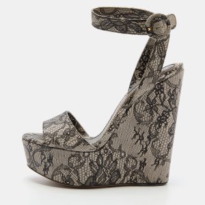 Dolce & Gabbana Black/White Chantilly Lace Printed Wedge Sandals Size 38.5, Sandals - Luxury Closet