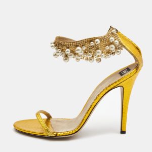 Dolce & Gabbana Metallic Yellow Python Embossed Leather Embellished Ankle Strap Sandals Size 40, Sandals - Luxury Closet