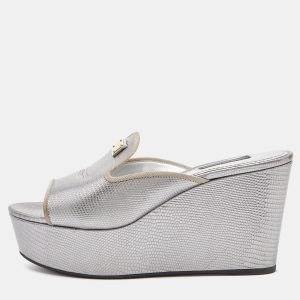Dolce & Gabbana Silver Embossed Lizard Leather Peep Toe Mules Size 37, Sandals - Luxury Closet