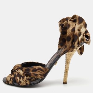 Dolce & Gabbana Brown Satin Leopard Print Fastening Ankle Tie Sandals Size 40, Sandals - Luxury Closet