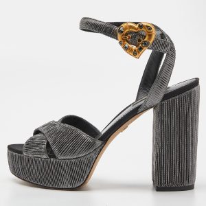Dolce & Gabbana Metallic Grey Pleated Fabric Ankle Strap Platform Sandals Size 37, Sandals - Luxury Closet