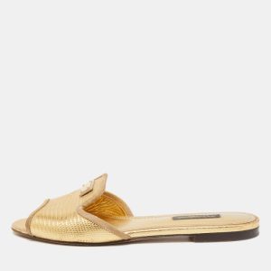 Dolce & Gabbana Gold Lizard Embossed Leather Flat Slides Size 36, Sandals - Luxury Closet