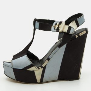 Dolce & Gabbana Tri Color Printed Fabric T-Strap Wedge Sandals Size 39.5, Sandals - Luxury Closet