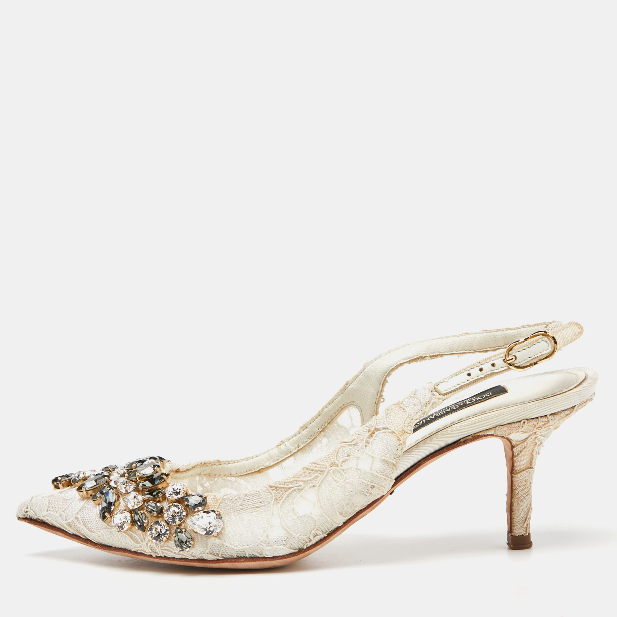 Dolce & Gabbana White Lace Crystal Embellished Slingback Sandals Size 36, Sandals - Luxury Closet