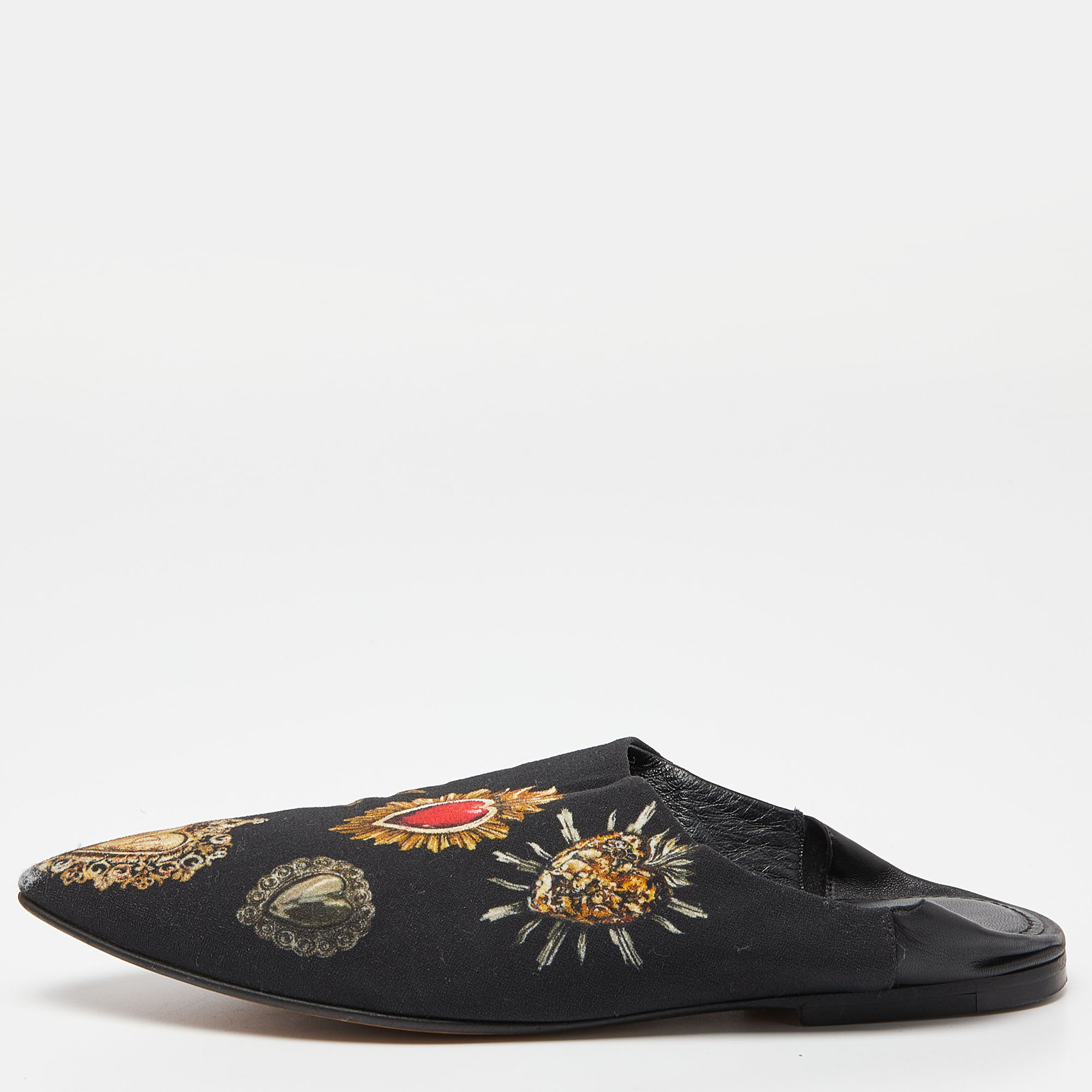 Dolce & Gabbana Black Printed Fabric Slide Mules Size 38.5, Sandals - Luxury Closet