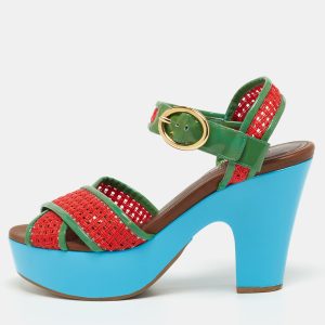 Dolce & Gabbana Green/Red Patent Leather Cross Strap Platform Ankle Strap Sandals Size 38, Sandals - Luxury Closet