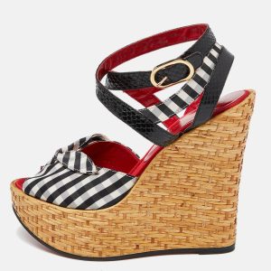 Dolce & Gabbana Black/White Checkered Fabric Ankle Wrap Wedge Sandals Size 38.5, Sandals - Luxury Closet