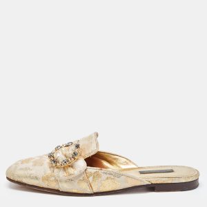 Dolce & Gabbana Gold Brocade Fabric Logo Slide Mules Size 36.5, Sandals - Luxury Closet