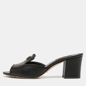 Dolce & Gabbana Black Lizard Embossed Leather Block Heel Mules Size 37.5, Sandals - Luxury Closet