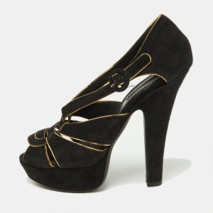 Dolce & Gabbana Black/Gold Suede Strappy Platform Sandals Size 39, Sandals - Luxury Closet