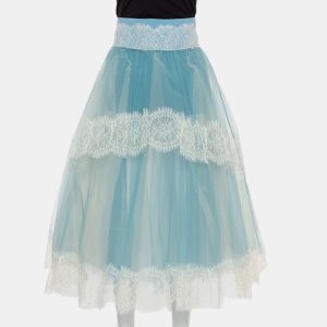 Elisabetta Franchi Blue Tulle & Lace Trim High Waist Sheer Midi Skirt M, Skirts - Luxury Closet catalog