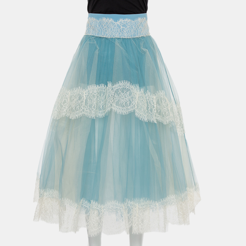 Elisabetta Franchi Blue Tulle & Lace Trim High Waist Sheer Midi Skirt M, Skirts - Luxury Closet catalog