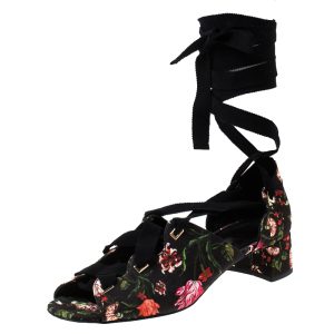 Erdem Black Floral Canvas Cut Out Lace Up Sandals Size 38, Sandals - Luxury Closet