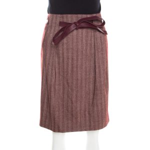 Escada Burgundy Herringbone Wool and Silk Knotted Leather Belt Detail Skirt M, Skirts - Luxury Closet