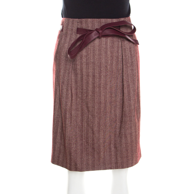 Escada Burgundy Herringbone Wool and Silk Knotted Leather Belt Detail Skirt M, Skirts - Luxury Closet catalog
