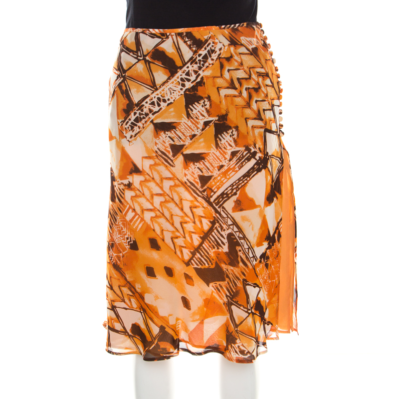 Escada Orange Abstract Print Silk Georgette A Line Skirt L, Skirts - Luxury Closet