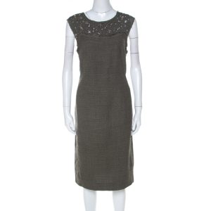 Escada Olive Green Tweed Embellished Delrose Sleeveless Dress M, Dresses - Luxury Closet