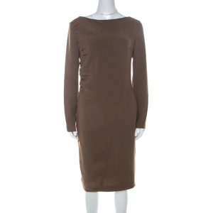 Escada Olive Green Crepe Side Pleated Long Sleeve Shift Dress M, Dresses - Luxury Closet