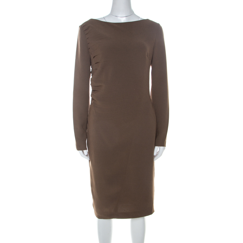 Escada Olive Green Crepe Side Pleated Long Sleeve Shift Dress M, Dresses - Luxury Closet