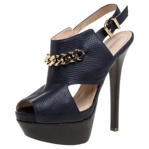 Fendi Navy Blue Leather Chain Details Slingback Platform Sandals Size 38, Sandals - Luxury Closet