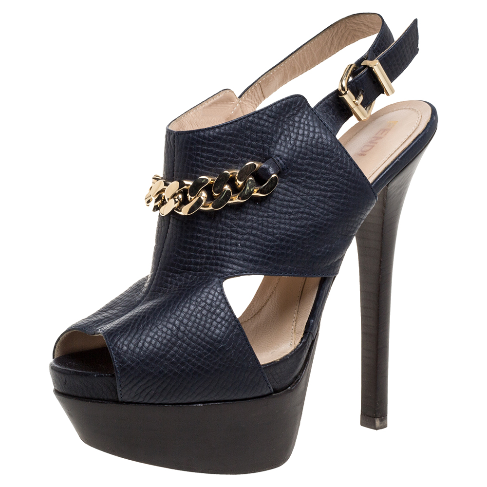 Fendi Navy Blue Leather Chain Details Slingback Platform Sandals Size 38, Sandals - Luxury Closet catalog