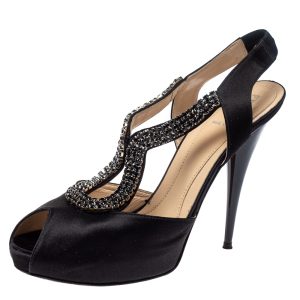 Fendi Black Satin Crystal Embellished Slingback Platform Sandals Size 39, Sandals - Luxury Closet