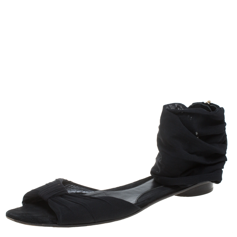 Fendi Black Mesh and Suede Bow Open Toe Flat Sandals Size 38.5, Sandals - Luxury Closet