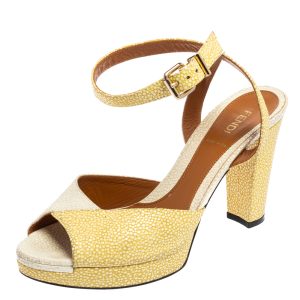 Fendi White/Yellow Stingray Embossed Leather Ankle Strap Platform Sandals Size 38.5, Sandals - Luxury Closet