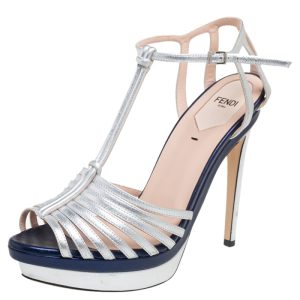 Fendi Metallic Silver Leather T- Strap Platform Sandals Size 38, Sandals - Luxury Closet