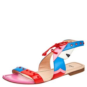 Fendi Multicolor Leather And Patent Leather Ankle Cuff Flat Sandals Size 37, Sandals - Luxury Closet