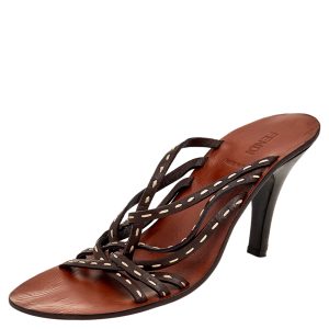 Fendi Dark Brown Leather Strappy Slide Sandals Size 39.5, Sandals - Luxury Closet