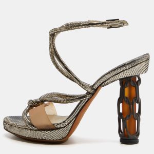 Fendi Metallic Grey Lizard Embossed Leather Chain Cage Heel Platform Sandals Size 40, Sandals - Luxury Closet