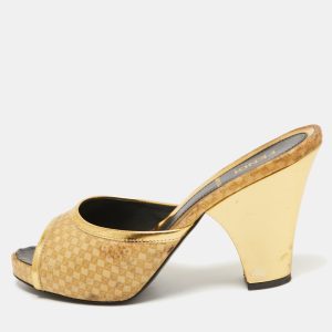 Fendi Gold Leather and Printed Fabric Open Toe Sandals Size 36, Sandals - Luxury Closet