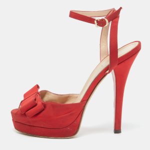 Fendi Red Fabric Bow Ankle Strap Platform Sandals Size 40, Sandals - Luxury Closet