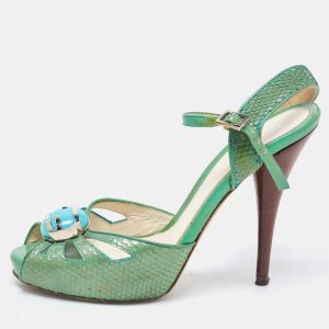 Fendi Green  Python Embossed Leather Slingback Sandals Size 39, Sandals - Luxury Closet