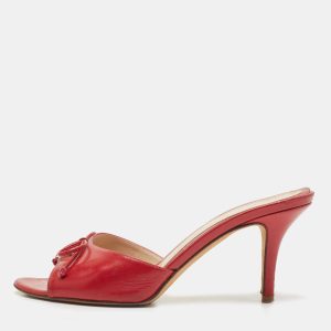 Fendi Dark Red Leather Logo Charm Bow Slide Sandals Size 35, Sandals - Luxury Closet