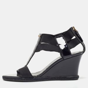 Fendi Black Patent Leather and Elastic T-Strap Wedge Sandals Size 38.5, Sandals - Luxury Closet