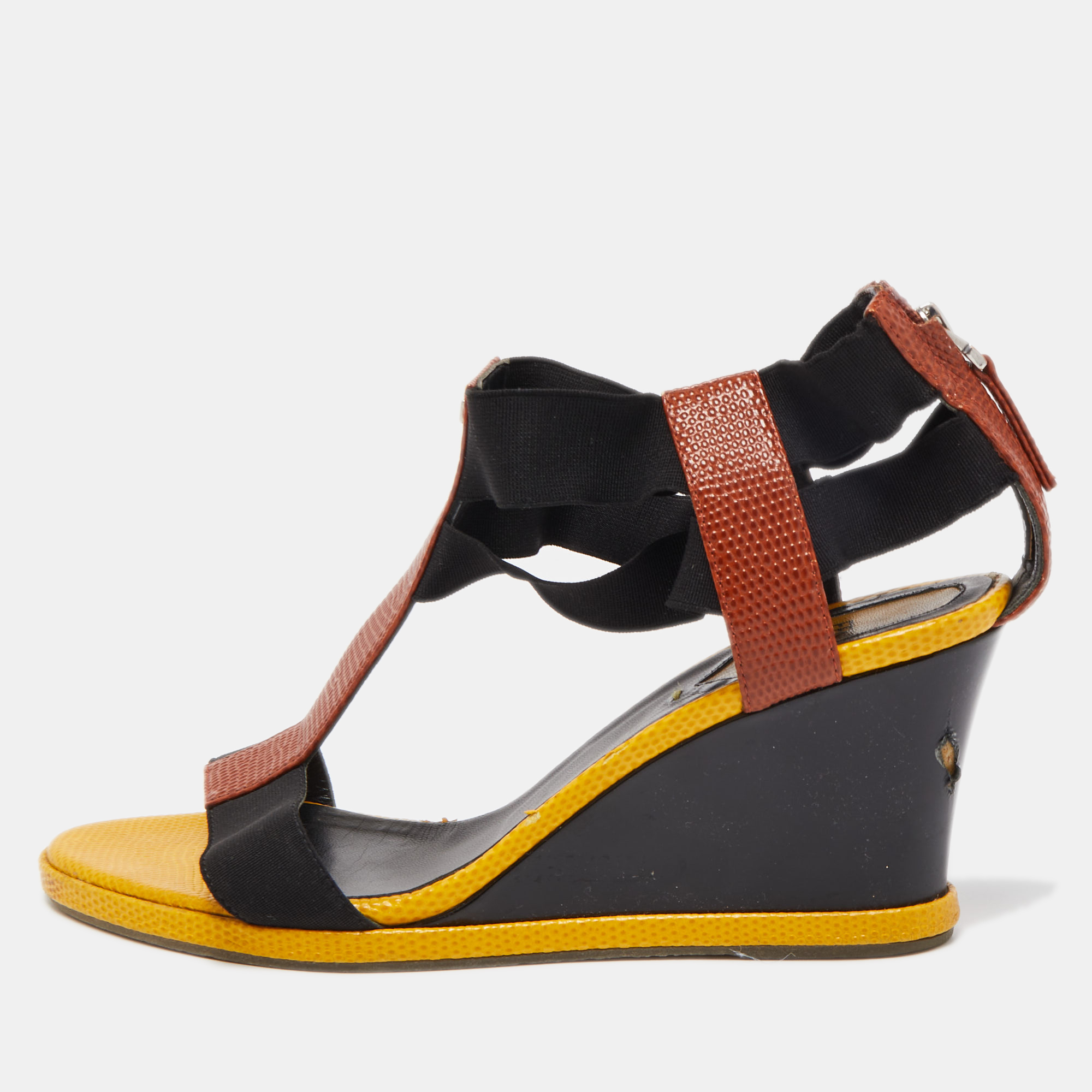 Fendi Brown/Yellow Lizard Embossed Leather T-Strap Espadrille Wedge Sandals Size 38.5, Sandals - Luxury Closet
