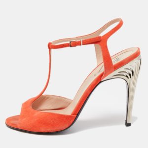 Fendi Orange Suede T-Bar Ankle Strap Sandals Size 39, Sandals - Luxury Closet
