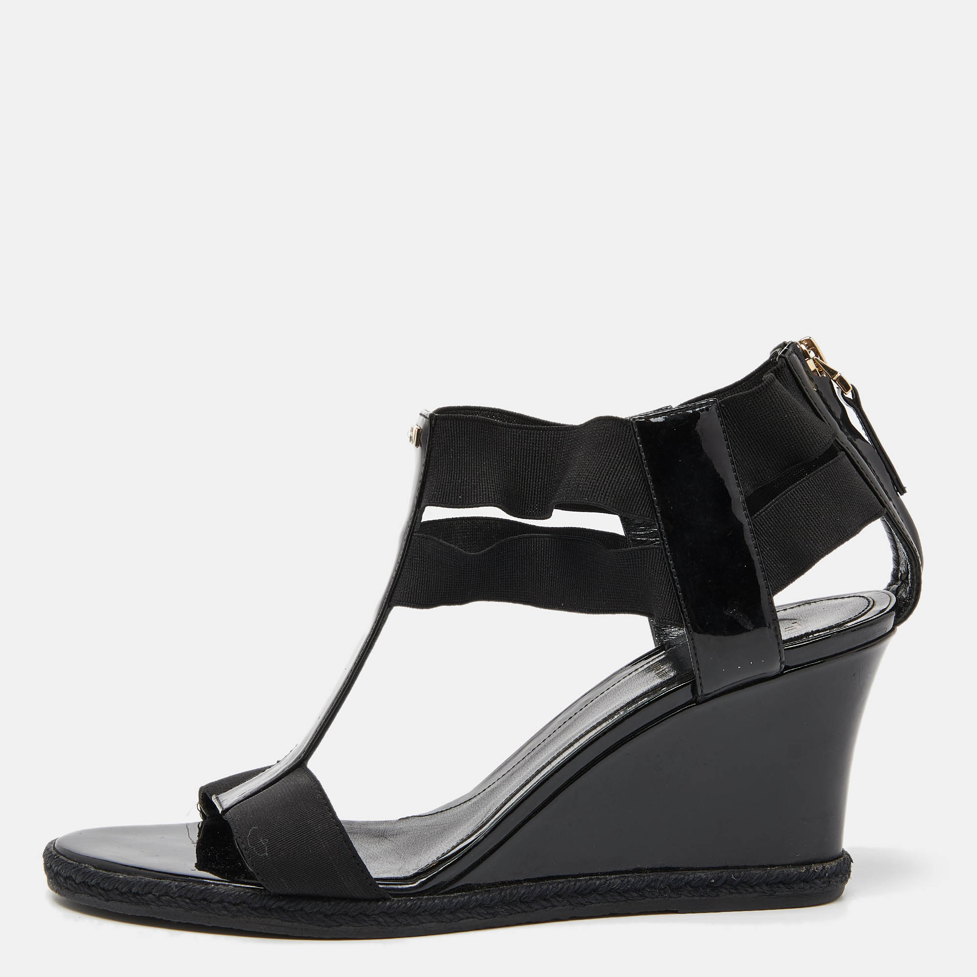 Fendi Black Patent Leather Ankle Strap Wedge Sandals Size 38, Sandals - Luxury Closet