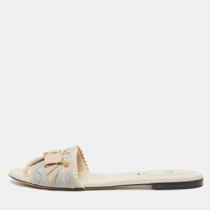 Fendi Cream Flower Embroidered Bow Embellished Flat Slides Size 39.5, Sandals - Luxury Closet
