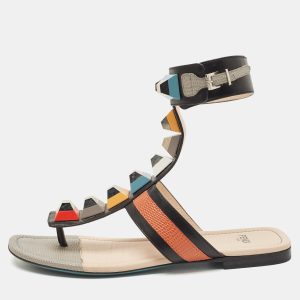 Fendi Multicolor Lizard Embossed and Leather Studded Ankle Cuff Flat Sandals Size 36, Sandals - Luxury Closet