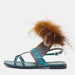 Fendi Tricolor Leather and Fur Monster Eye Ankle Strap Flat Sandals Size 35, Sandals - Luxury Closet