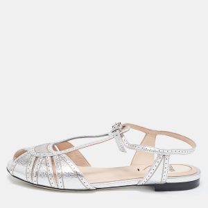 Fendi Metallic Silver Foil Leather Chameleon Ankle Strap Flat Sandals Size 36, Sandals - Luxury Closet