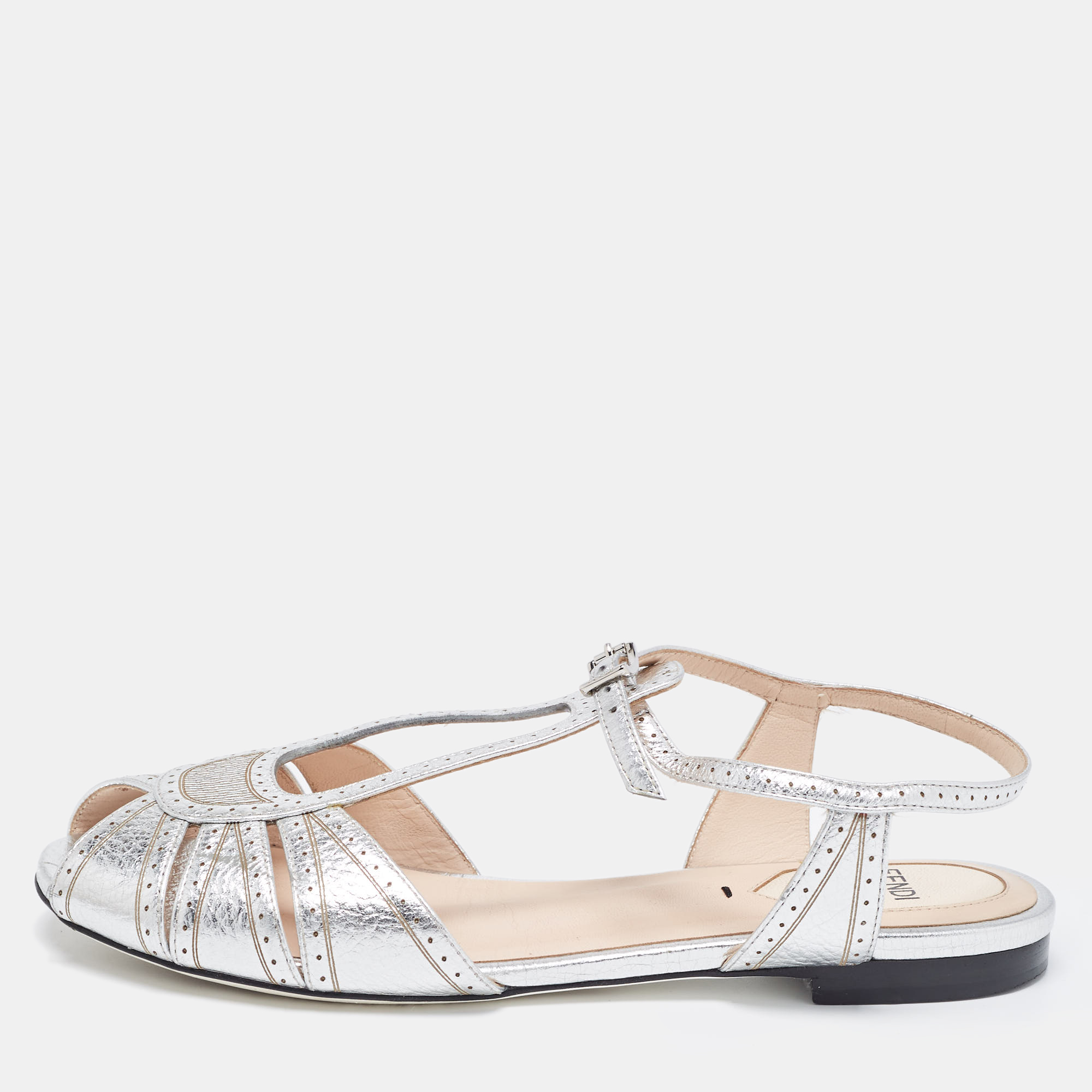 Fendi Metallic Silver Foil Leather Chameleon Ankle Strap Flat Sandals Size 36, Sandals - Luxury Closet